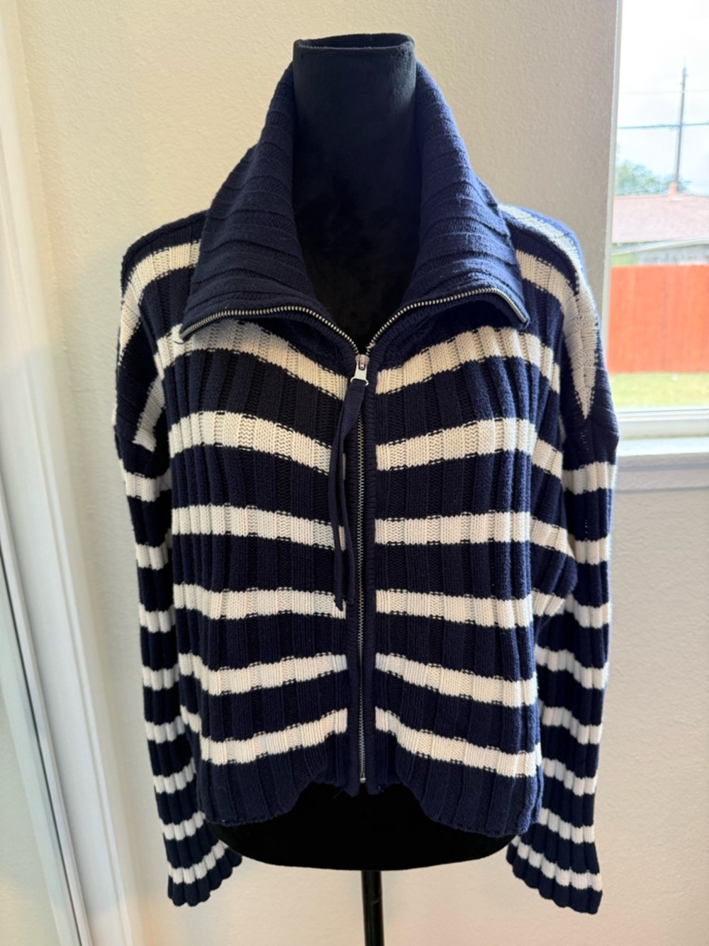 Pink Rose Cropped Striped Zip Sweater Navy Cream Preppy Size L